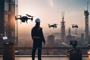Engineer with drones on skyscraper rooftop at sunset.