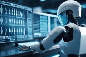 Robot analyzing data on futuristic computer screens.