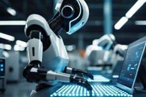 Advanced humanoid robot working with digital interface.