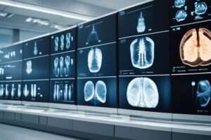 Medical imaging screens displaying various X-rays and scans.
