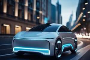 Futuristic electric car driving in urban cityscape.