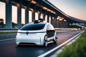 Autonomous vehicle on highway at dusk.