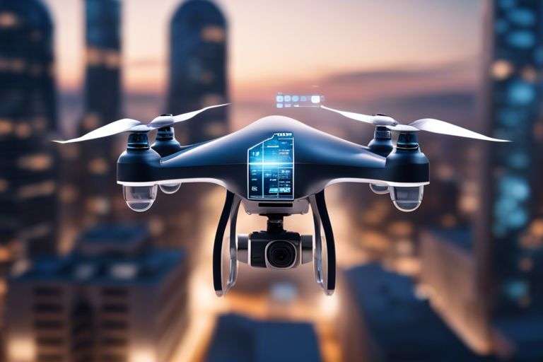 Drone flying over city at twilight.
