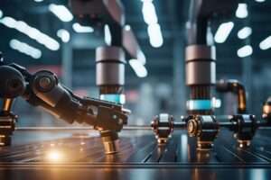 Industrial robots assembling products on conveyor belt.