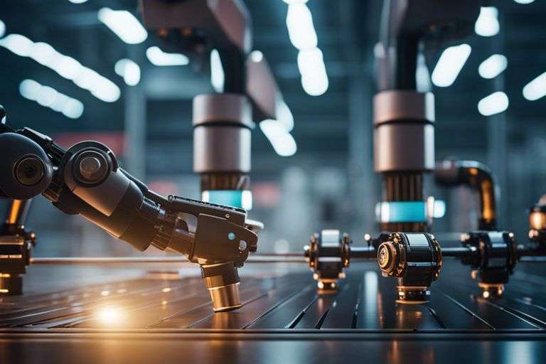 Industrial robots assembling products on conveyor belt.