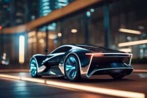 Futuristic car with neon lights at night cityscape.