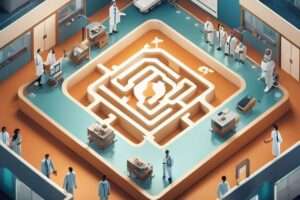 Illustration of conceptual medical laboratory with maze layout.