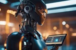 Futuristic robot using touchscreen interface.