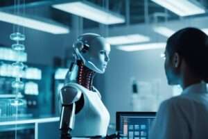 Human interacting with advanced humanoid robot in lab.