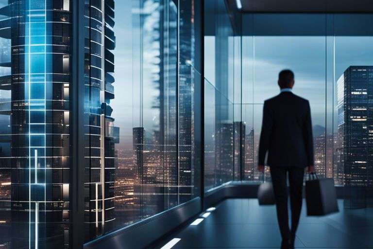 Businessman walking in modern office corridor with city view.