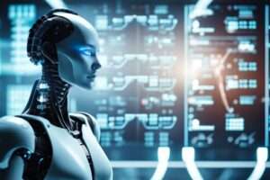 Female android head with futuristic interface background.