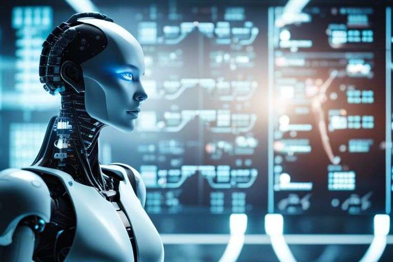 Female android head with futuristic interface background.