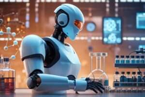 Robot in science lab with test tubes.