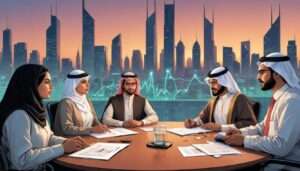 Business professionals meeting with city skyline backdrop.