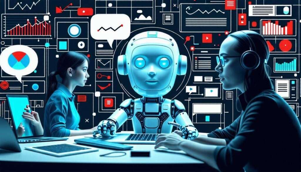 AI collaborating with humans in futuristic office