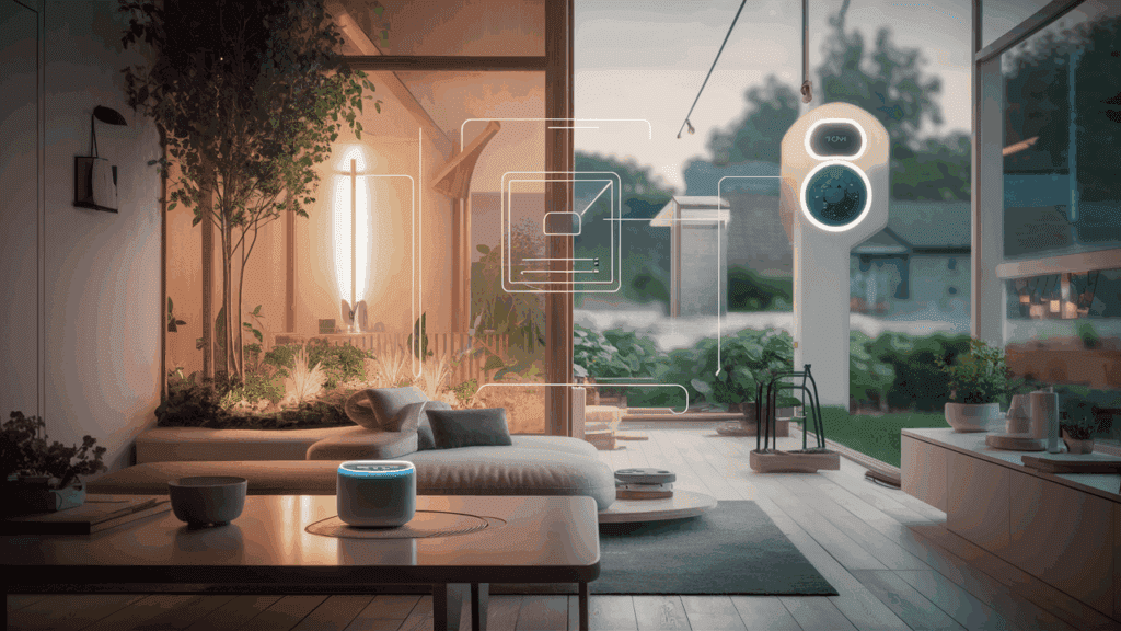 Smart home with voice-controlled devices and cozy design.